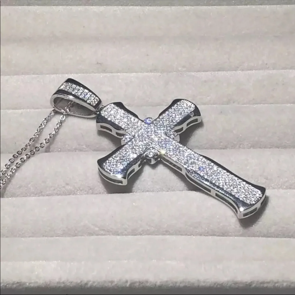 New Luxury 925 Silver Cross Men Women Diamond Necklace - Picture 14 of 16